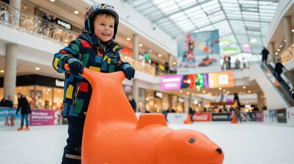 Metroport AVM Flash Ice pistinde destek aparatı ile kaymayı &ouml;ğrenen &ccedil;ocuk