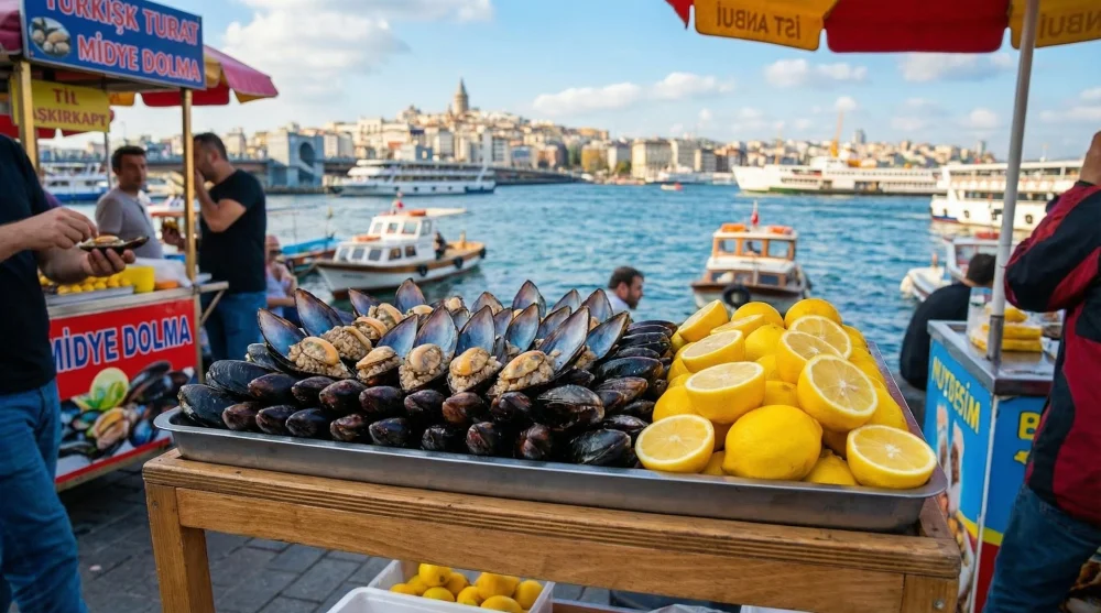Tepsi içerisinde limonlarla dizilmiş sokak lezzeti midye dolma ve arka planda deniz manzarası