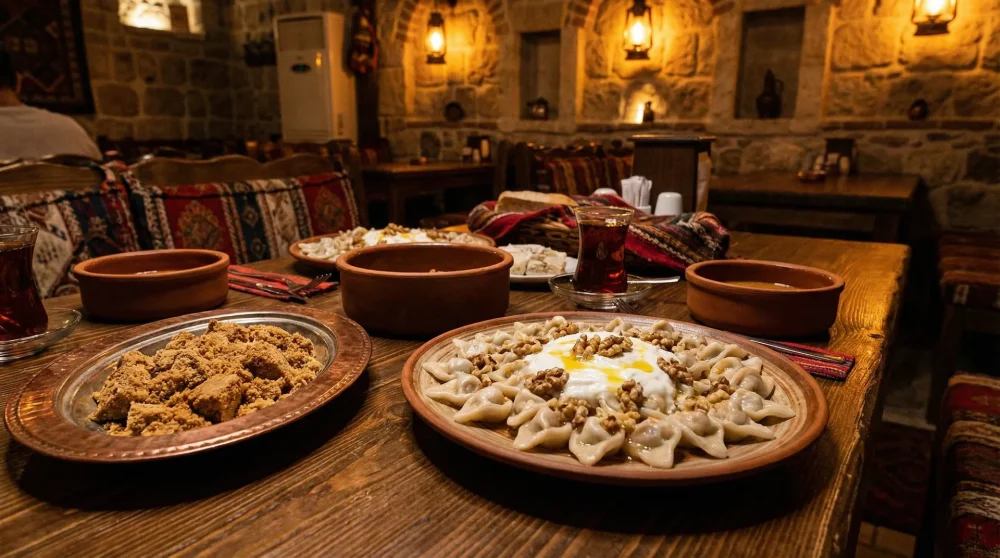 Ahşap masa üzerinde cevizli kaşık sapı mantısı ve meşhur Mudurnu saray helvası sunumu