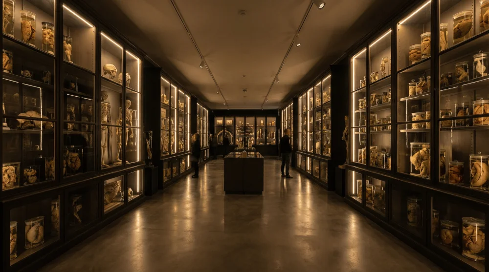 Interior view of Museum Vrolik Amsterdam showing rows of glass cabinets filled with anatomical specimens