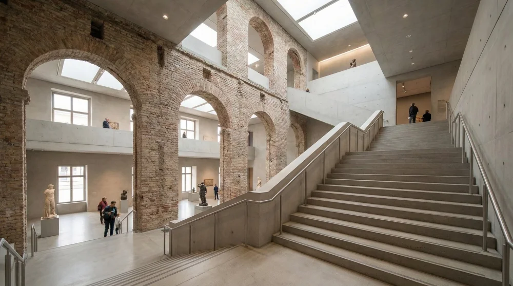 Interior architecture of the Neues Museum Berlin showing the grand staircase