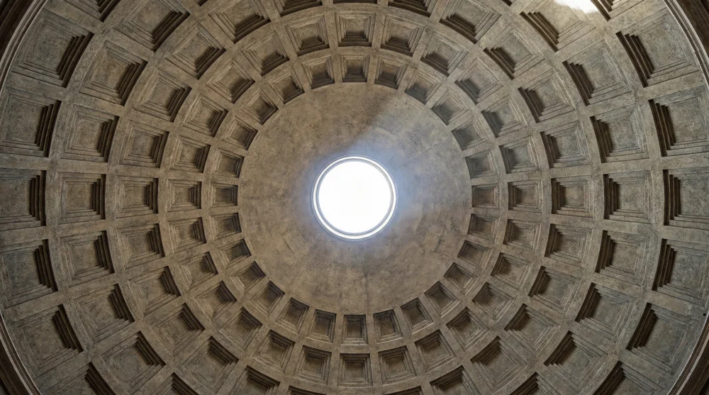 Interior view of the massive unreinforced concrete dome of the Pantheon featuring coffered patterns