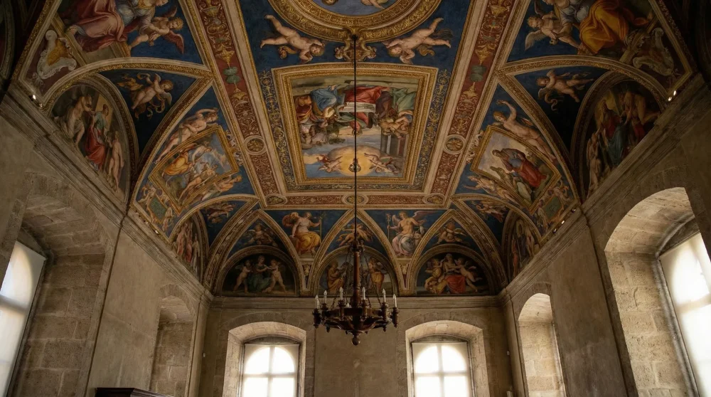 Vibrant Renaissance frescoes decorating the ceilings of the Papal Apartments in Castel Sant'Angelo