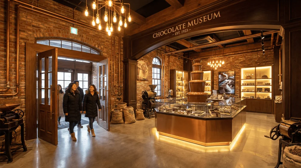 Pelit Çikolata Müzesi'nin ziyaretçileri karşılayan sıcak atmosferli giriş salonu