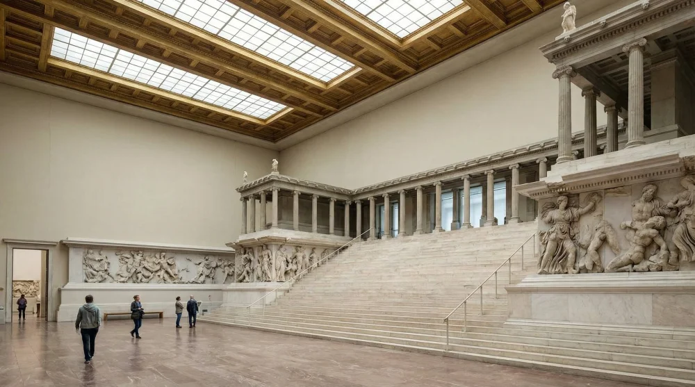 The famous Pergamon Altar with its grand marble staircase in the original museum hall