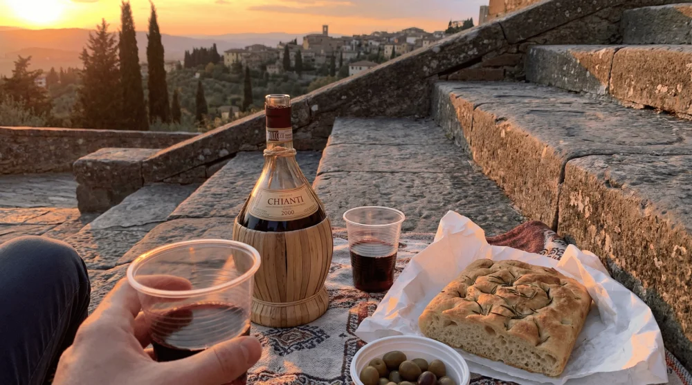 A DIY picnic with wine and focaccia on the steps overlooking Florence
