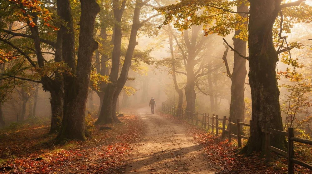 Beykoz Polonezköy Tabiat Parkı sonbahar yapraklarıyla kaplı orman yürüyüş yolu