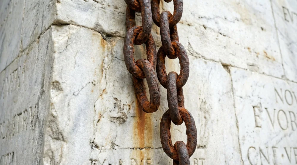 The ancient chains of Porto Pisano hanging on the wall of Camposanto Monumentale