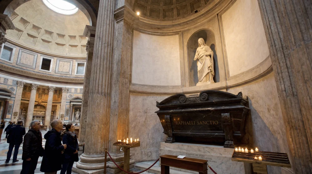 The marble tomb of Renaissance painter Raphael inside the Pantheon