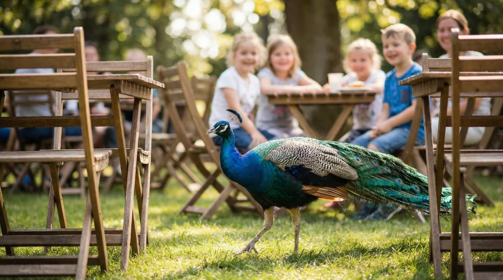 R&ouml;nepark i&ccedil;inde masaların arasında serbest&ccedil;e dolaşan tavus kuşu ve arkada oynayan &ccedil;ocuklar