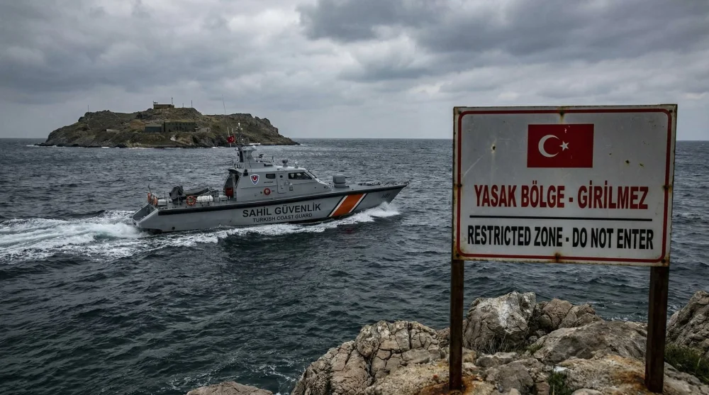 Yasaklı bölge sınırında devriye gezen sahil güvenlik botu ve deniz