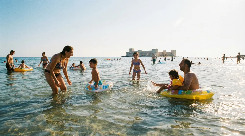 Kızkalesi plajının sığ denizinde g&uuml;venle y&uuml;zen &ccedil;ocuklu aileler
