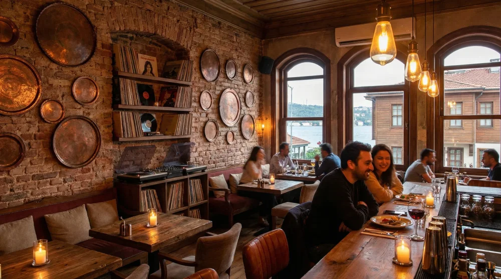 Arnavutköy'de bakır tabaklar ve plaklarla dekore edilmiş samimi meyhane atmosferi