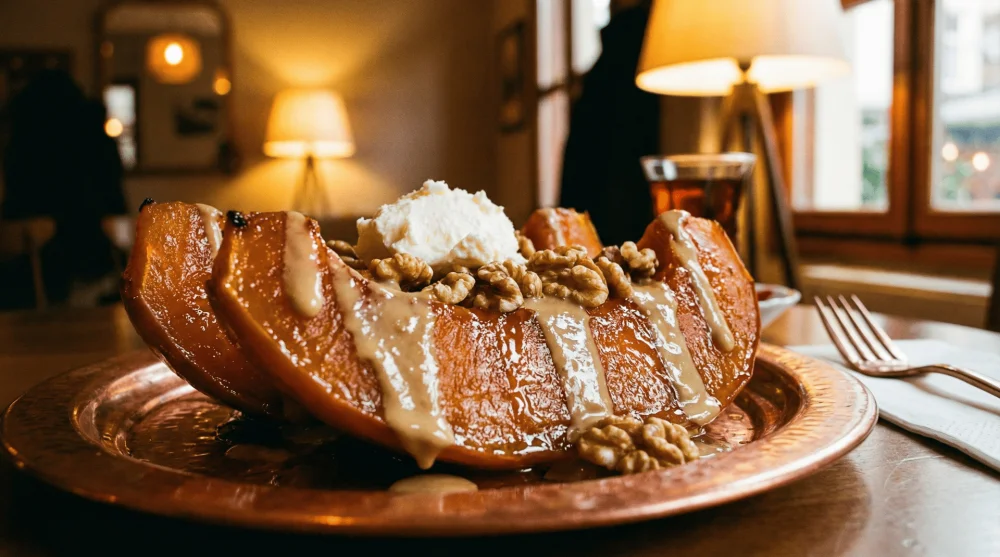 Bol tahin ve ceviz ile servis edilen geleneksel kabak tatlısı