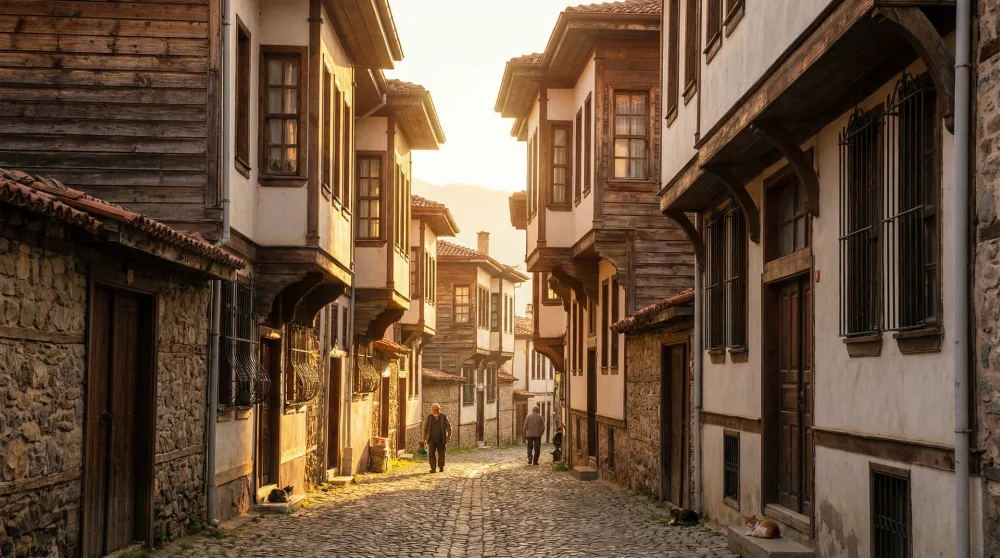 Tarihi Mudurnu sokaklarında sıralanmış geleneksel Osmanlı dönemi ahşap evler ve Arnavut kaldırımlı dar yollar