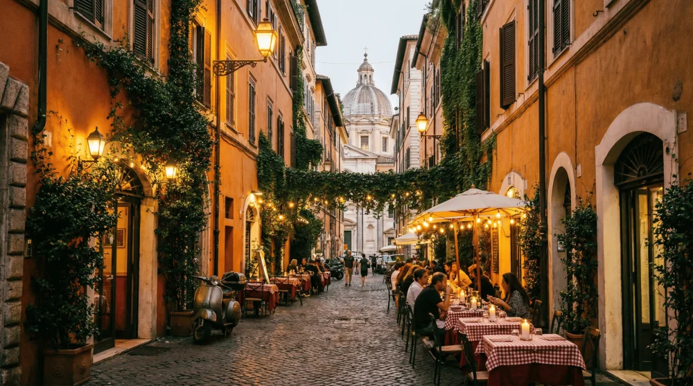 Trastevere b&ouml;lgesinin sarmaşıklı evleri ve dar İtalyan sokakları