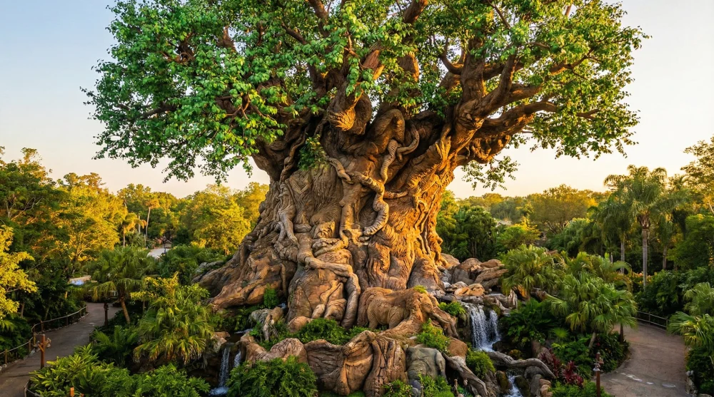 The iconic Tree of Life at Disney's Animal Kingdom featuring detailed animal carvings on its trunk during sunset
