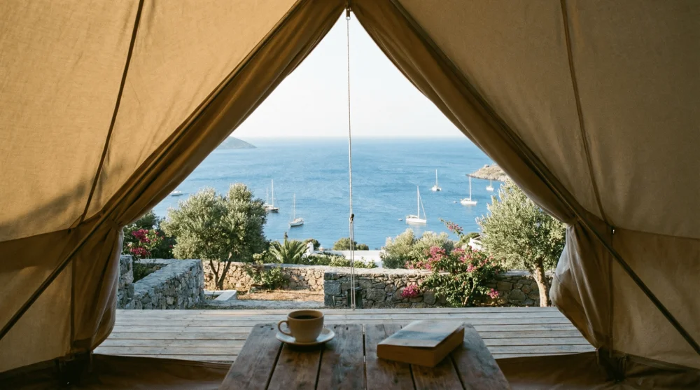 Türkbükü tepesinden Ege Denizi manzarasına açılan kamp çadırı penceresi