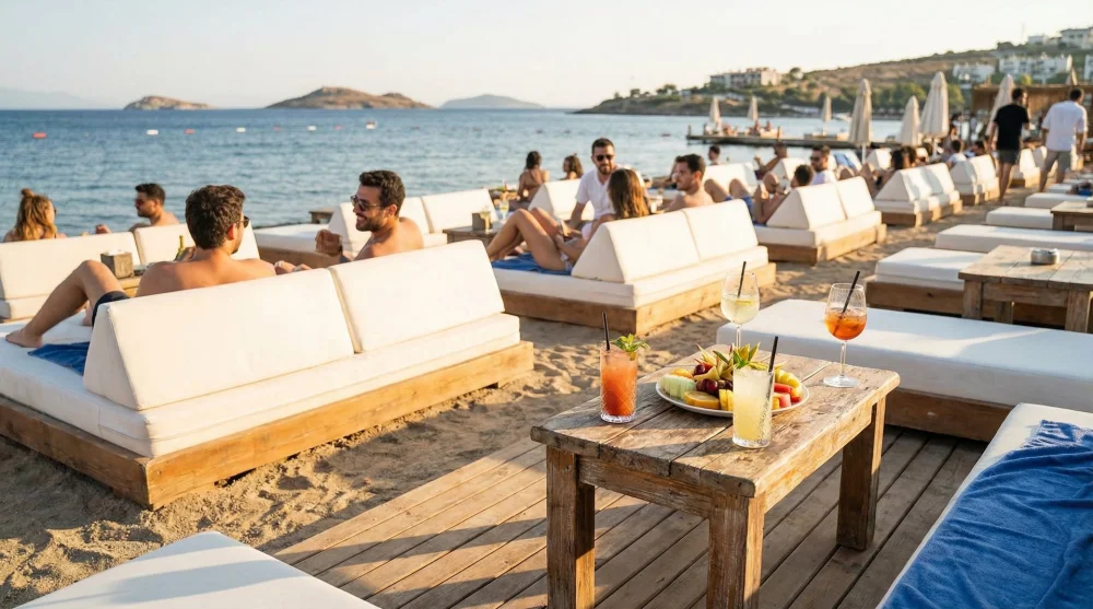 Tuzla sahilindeki &ouml;zel beach club işletmeleri ve konforlu şezlonglar