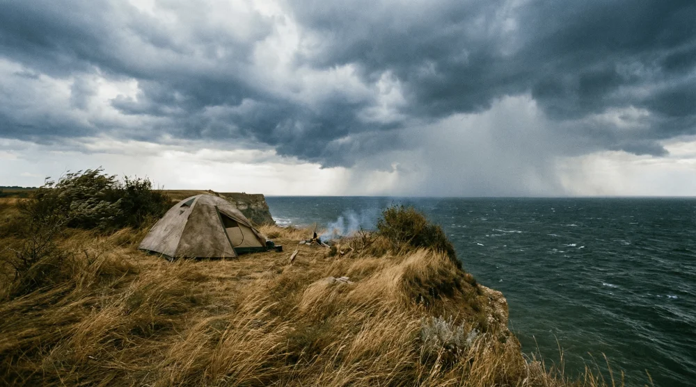 Kilimli Koyu tepelerinde kurulu tek başına &ccedil;adır ve vahşi doğa manzarası