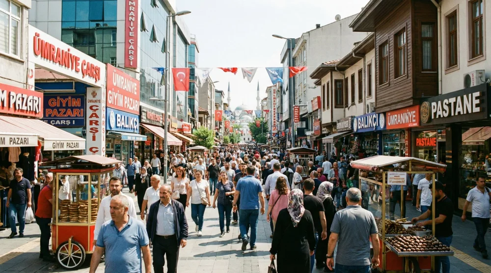 Ümraniye Çarşı Alemdağ Caddesi üzerinde yürüyen kalabalık ve mağaza vitrinleri