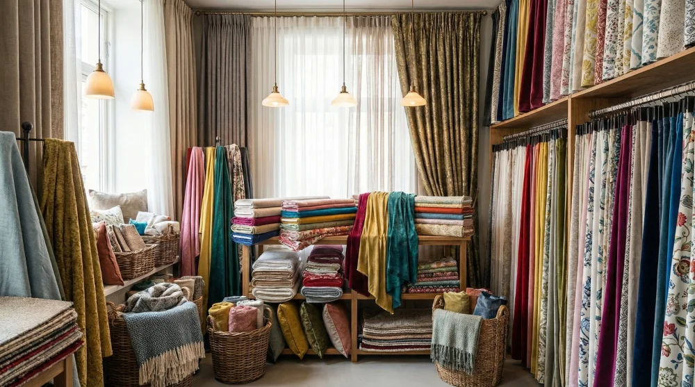 Çeyiz ve ev tekstili mağazasında sergilenen renkli kumaşlar ve perdeler