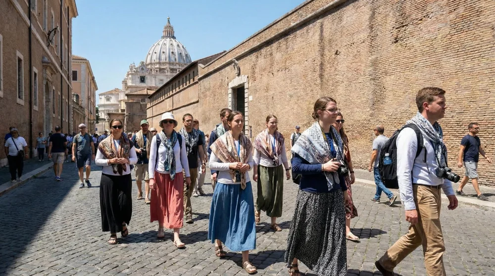 Visitors at Vatican City wearing modest clothing with shoulders and knees covered using scarves