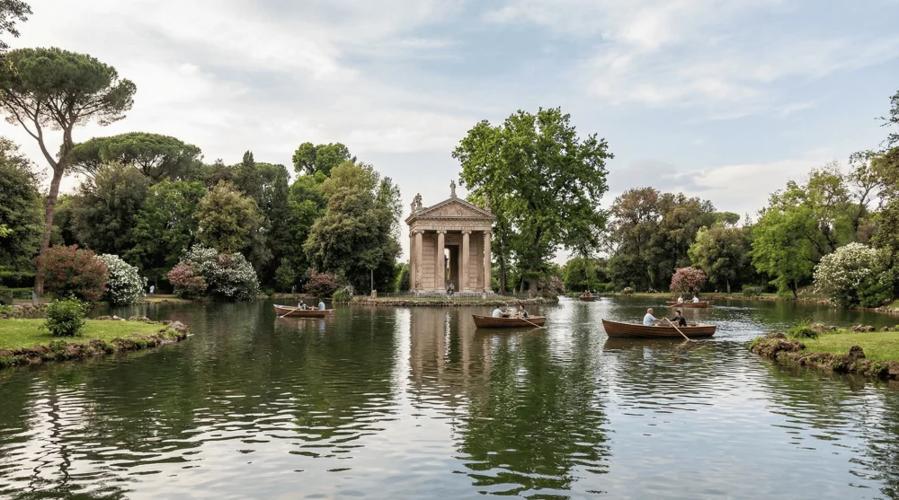 Villa Borghese parkındaki g&ouml;let ve Aesculapius Tapınağı