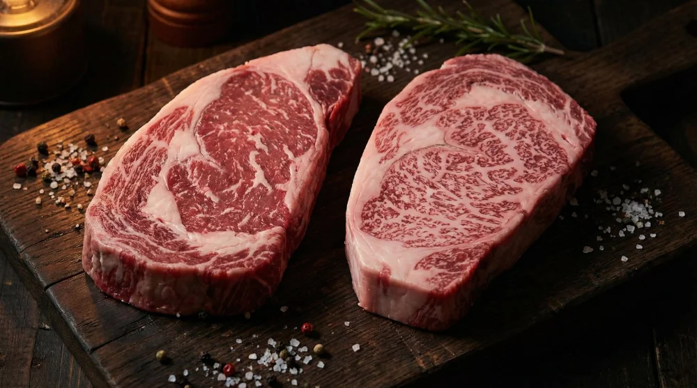 Ahşap masa &uuml;zerinde standart Wagyu eti ile y&uuml;ksek mermerleşmeli Kobe etinin yan yana karşılaştırması