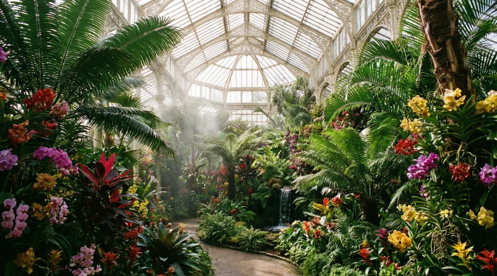 Inside the Victorian glasshouse of Wintergardens featuring lush tropical plants and palms