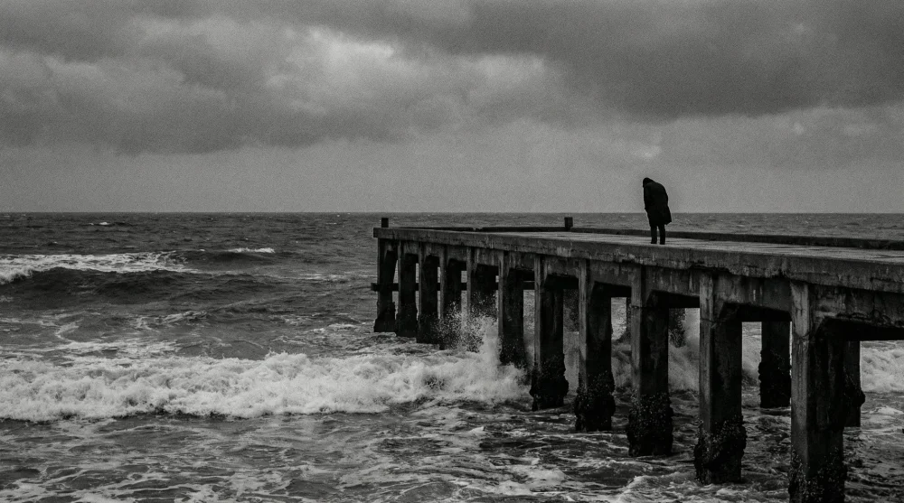 H&uuml;z&uuml;nl&uuml; ve kasvetli bir havada denize uzanan eski beton iskele