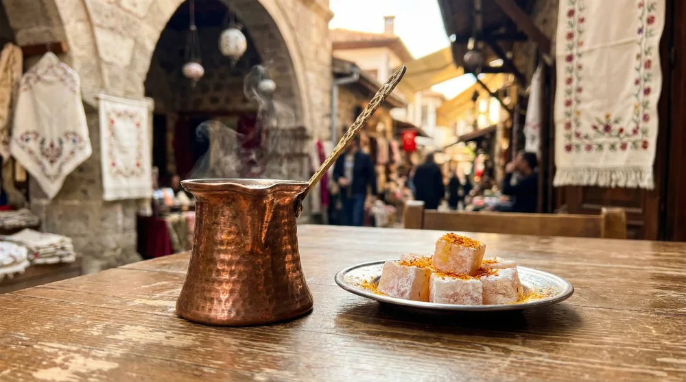 Ahşap masa üzerinde otantik bakır fincanda sunulan Türk kahvesi ve meşhur safranlı lokum