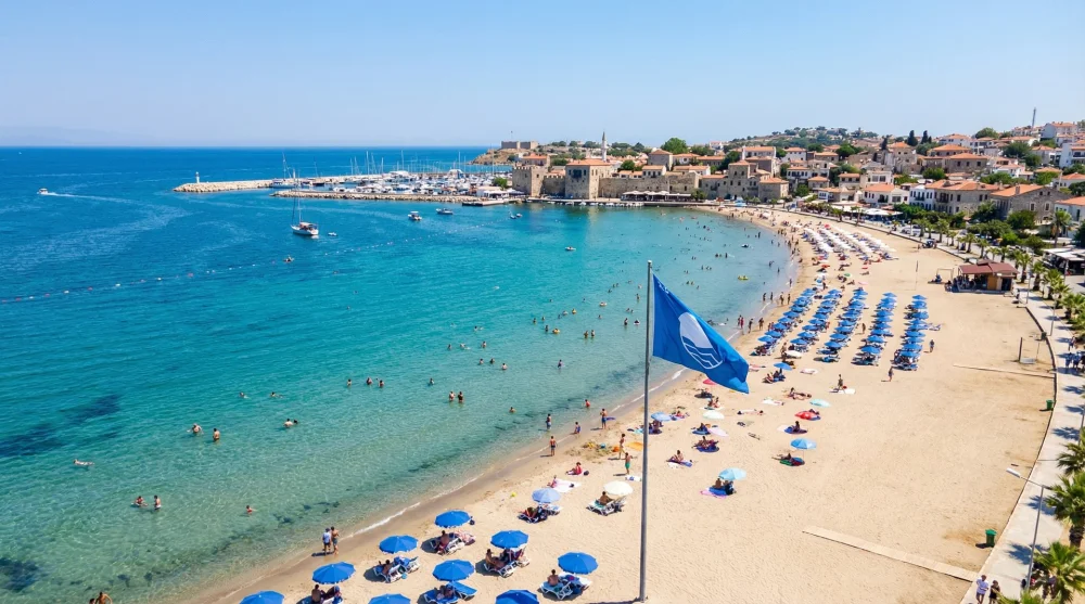 Mavi bayraklı Yeni Foça Halk Plajı'nın uzun kumsalı ve denizi
