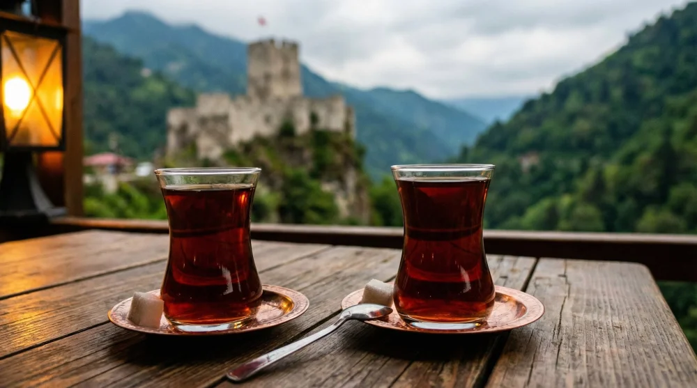 Zilkale manzarasına karşı ince belli bardakta Rize &ccedil;ayı