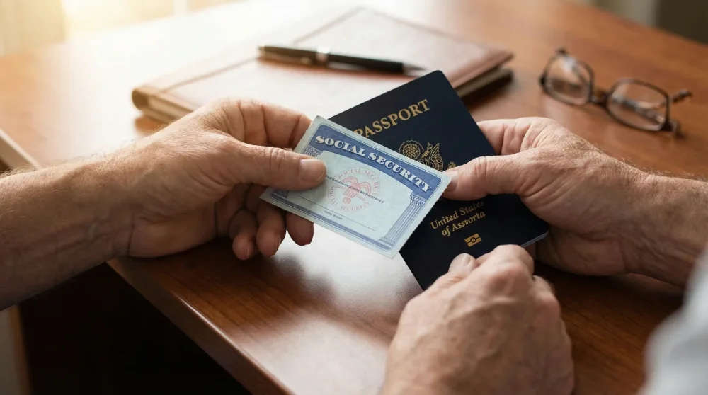 Amerikan pasaportu ve Sosyal Güvenlik Kartı tutan eller, yasal çalışma belgeleri