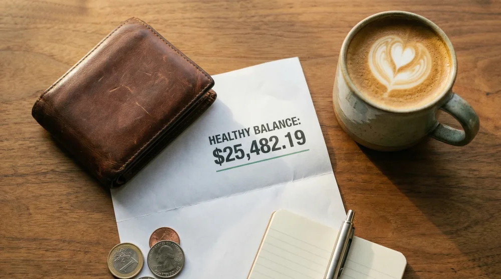 Banka hesap d&ouml;k&uuml;m&uuml; ve yanında duran c&uuml;zdan ile finansal yeterlilik sunumu