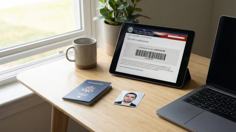 Masa &uuml;zerinde duran pasaport, biyometrik fotoğraf ve DS-160 onay formunun profesyonel g&ouml;r&uuml;n&uuml;m&uuml;
