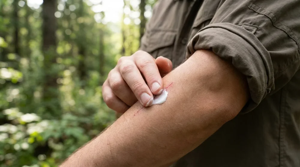 Doğa y&uuml;r&uuml;y&uuml;ş&uuml; sırasında kola s&uuml;r&uuml;len onarıcı beyaz medikal krem