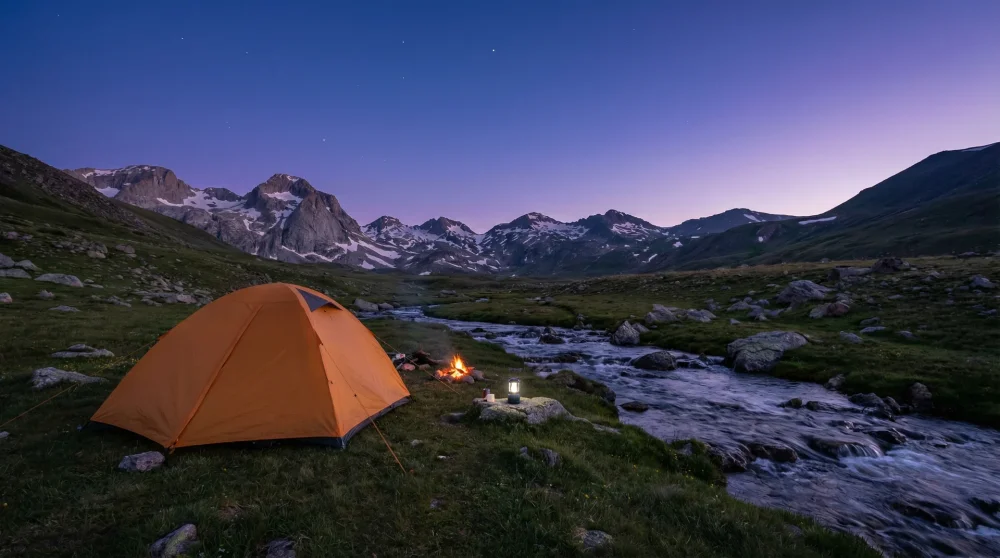 Demirkapı Yaylası'nda akarsu kenarına kurulmuş turuncu kamp çadırı ve uzaktaki yüksek zirveler