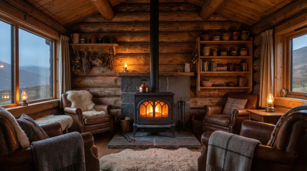 Demirkapı Yaylası'nda bir konaklama birimi içindeki yanan kuzine soba ve otantik ahşap iç mekan tasarımı