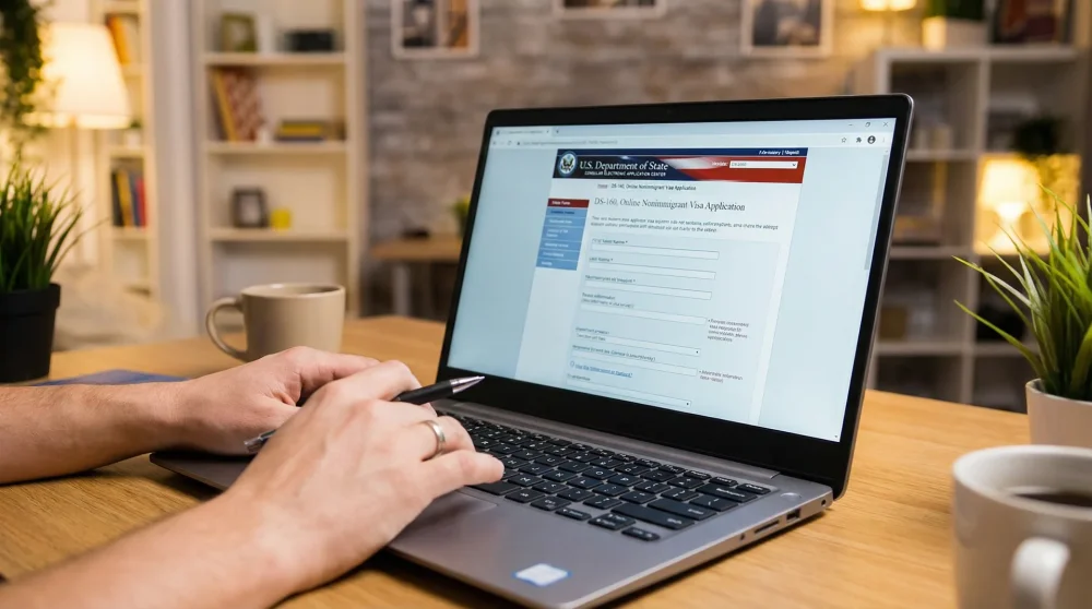 Diz&uuml;st&uuml; bilgisayar ekranında a&ccedil;ık olan Amerika vizesi DS-160 online başvuru formu