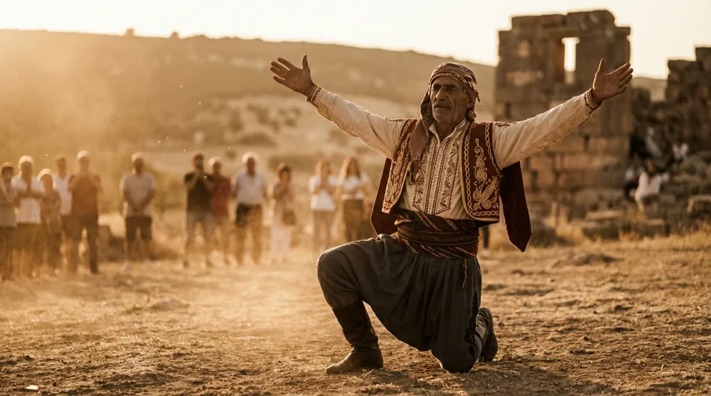 Geleneksel Ege yöresi kıyafetleri içinde kollarını iki yana açarak yere diz vuran ve zeybek oynayan efe