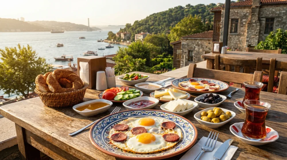 İBB Fethipaşa Sosyal Tesisleri ahşap masasında sunulan Boğaz manzaralı geleneksel kahvaltı tabağı