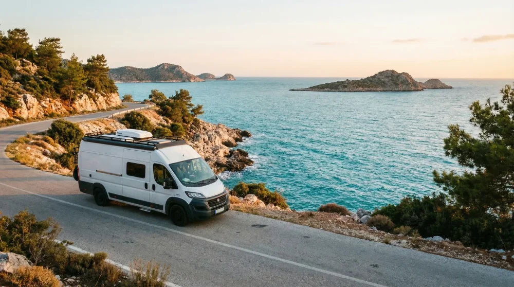 Sahil yolunda park halindeki beyaz bir Fiat Ducato panelvan karavan