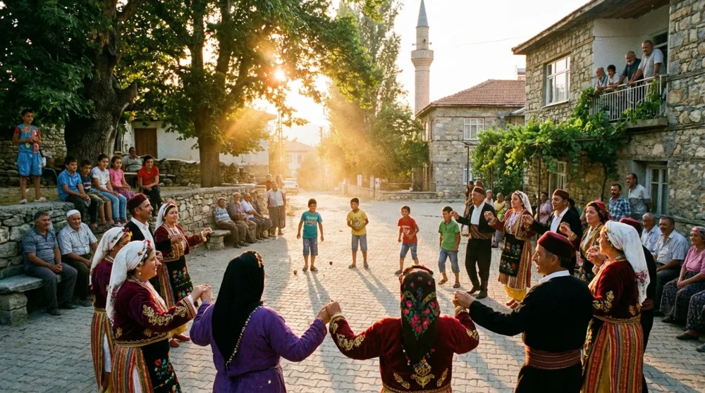 Geleneksel kıyafetlerle köy meydanında halk oyunları oynayan yetişkinler ve sokak oyunları oynayan çocuklar