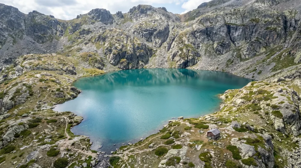Haldizen Dağları'nda yer alan turkuaz renkli berrak buzul gölü ve çevresindeki kayalık alpin bitki örtüsü
