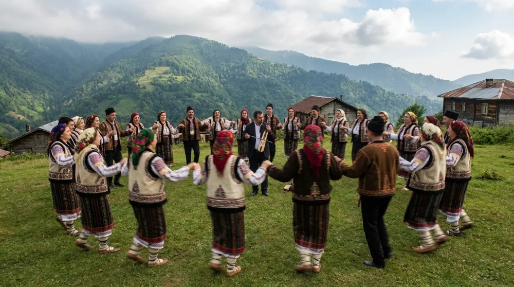 Yeşil Karadeniz yaylasında kemençe eşliğinde el ele tutuşarak coşkuyla horon tepen yöresel kıyafetli oyuncular