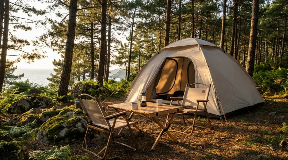 Kıyıköy ormanlık alanında çam ağaçları altına kurulmuş modern kamp çadırı ve kamp masası düzeni