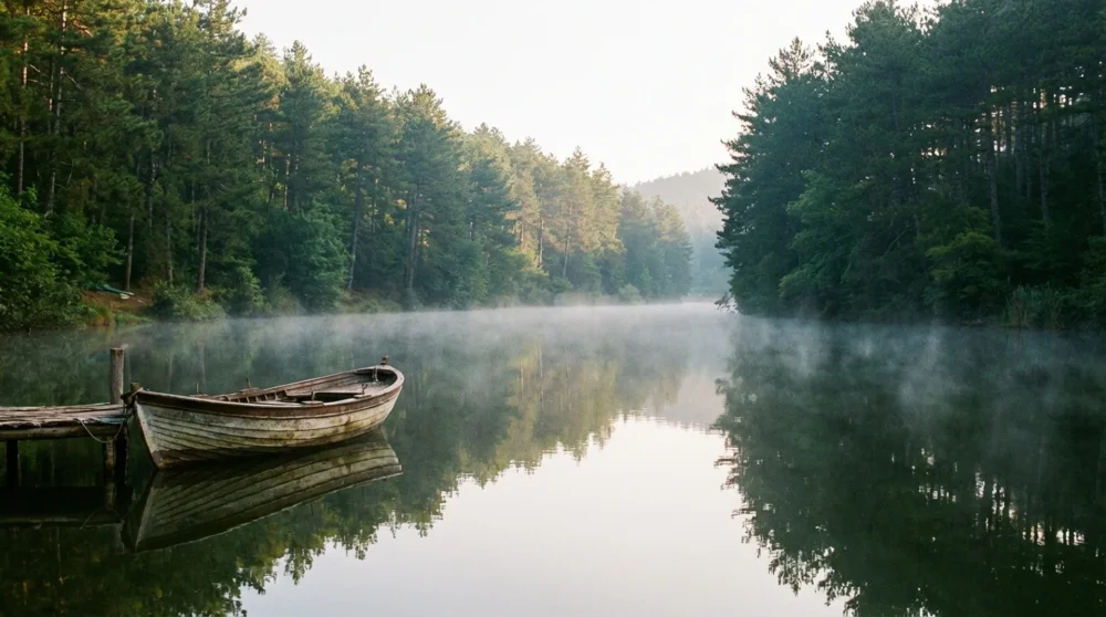 Kıyıköy Pabuçdere nehir kıyısında ağaçların suya yansıması ve kıyıya bağlı ahşap kayık