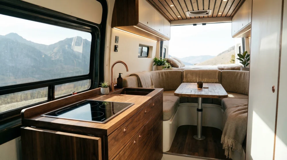 Modern ve l&uuml;ks bir motokaravanın ahşap detaylı mutfak tezgahı ve oturma alanı tasarımı